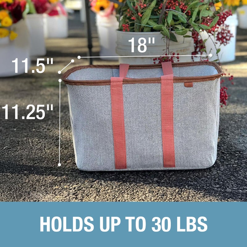CleverMade Collapsible LUXE Tote - Rose Herringbone 1 Pack 30L / 8 Gal - Reusable Grocery Shopping Storage Bag Organizer w/ Handles Reinforced Bottom - Image 5